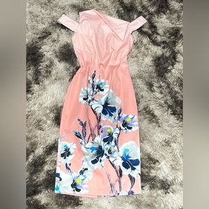 Pink with Flowers Off Shoulder Asymmetrical Dress